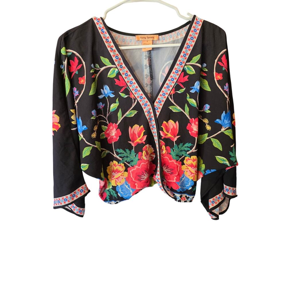 Flying‎ Tomato Coquette Top S Womens Deep V Neck Long Sleeve Art Deco Multicolor